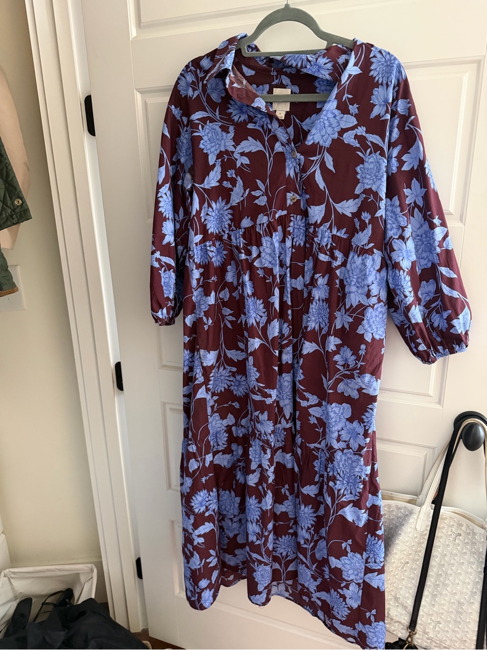 Anthropologie Brown Midi Shirt Dress with Light Blue Floral - Picture 2 of 3
